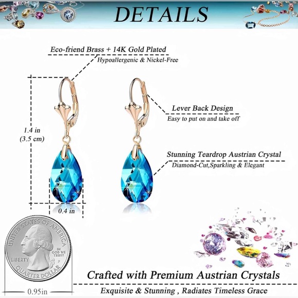 🆕 💎Austrian Crystal Teardrop Leverback Dangle Earrings 14K Gold Plated - Picture 3 of 4